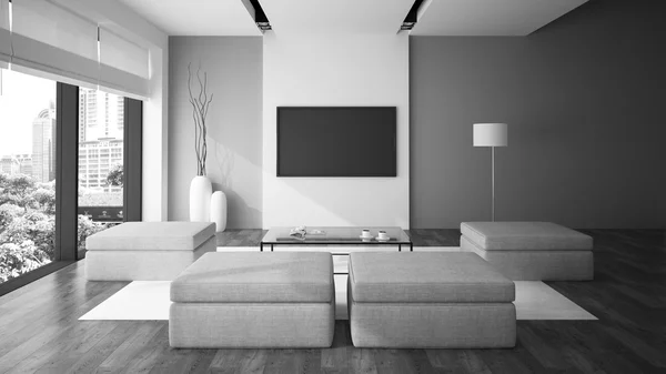 Interior moderno em estilo minimalismo preto e branco cor 3D ren — Fotografia de Stock