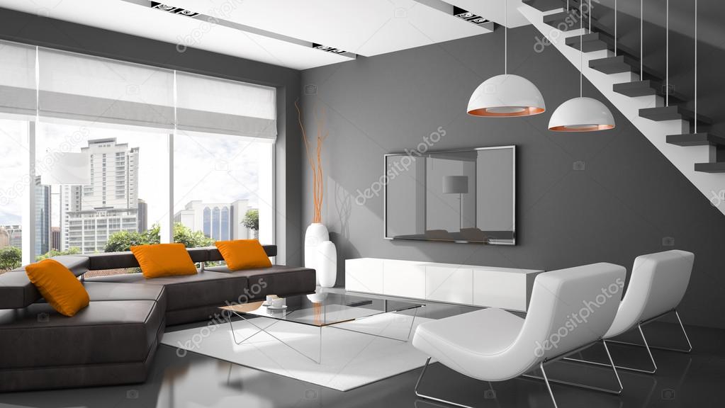 Modern interior with two armchairs and sofa 3D rendering
