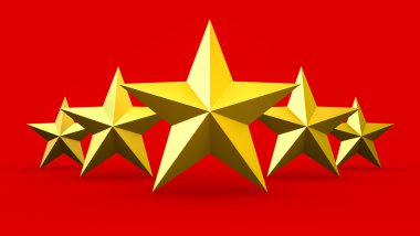 Five gold stars isolated on red background clipart