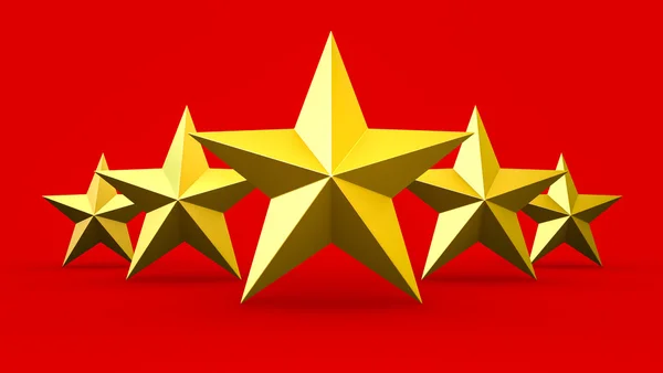 Five gold stars isolated on red background — Stock Photo, Image