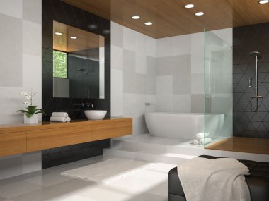 Interior of  bathroom with wooden ceiling 3D rendering 4 clipart
