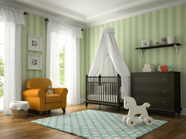 Sarı koltuk 3d render ile klasik çocuk odası