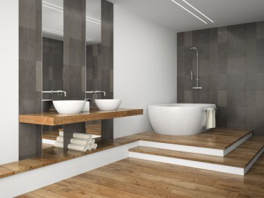 İç ahşap zemin 3d render ile banyo