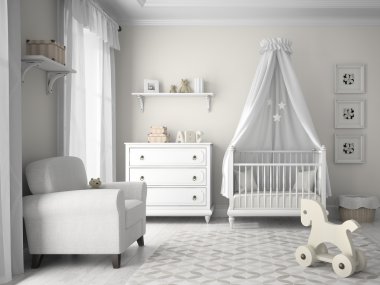 Klasik çocuk odası beyaz renkli 3d render