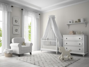 Klasik çocuk beyaz renk 3d render Oda