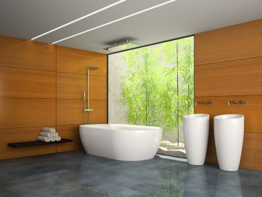 İç ahşap duvar 3d render ile banyo