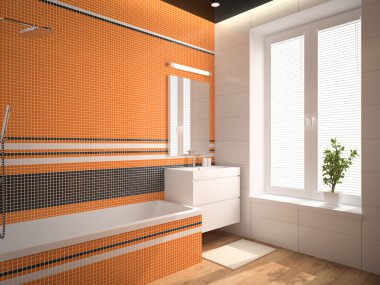 Turuncu duvar 3d render ile banyo iç 3