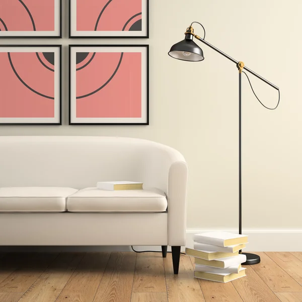 Deel van interieur met sofa, lamp en boeken 3D-rendering — Stockfoto