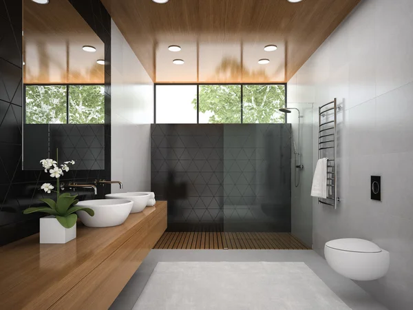 Interior del cuarto de baño con techo de madera 3D representación 6 — Foto de Stock