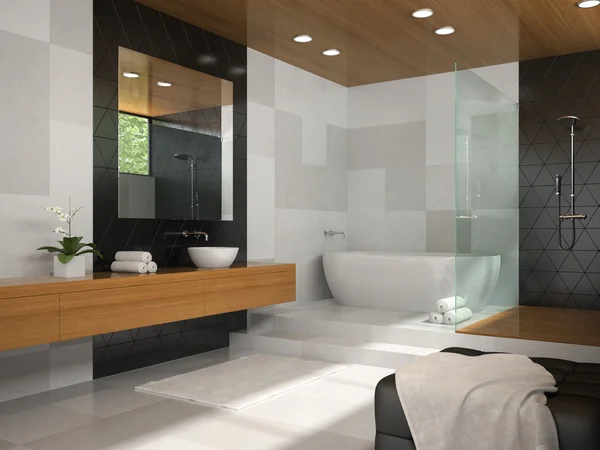 Interior del cuarto de baño con techo de madera 3D representación 4 — Foto de Stock