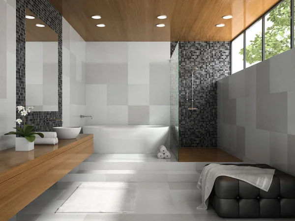 Интерьер стильной ванной комнаты с серыми стенами 3D рендеринг — стоковое фото