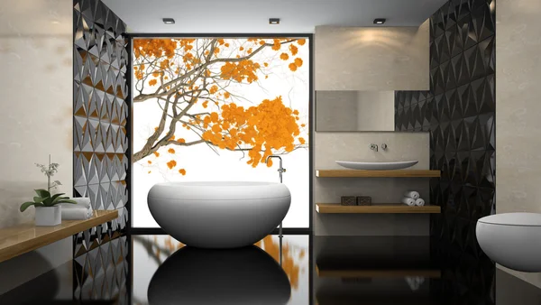 Interior del elegante cuarto de baño con suelo negro representación 3D — Foto de Stock