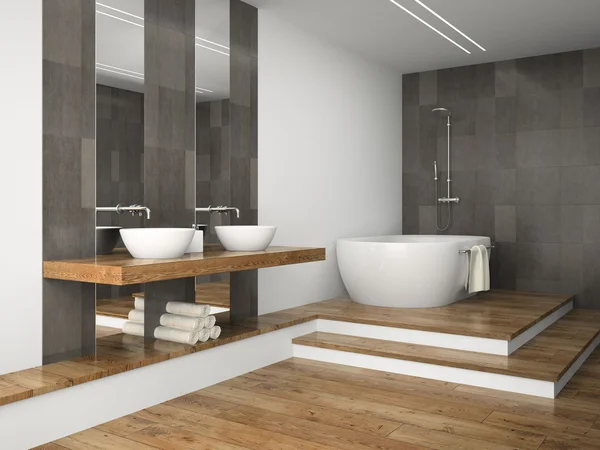 Interior of  bathroom with wooden floor 3D rendering — Stock Photo, Image