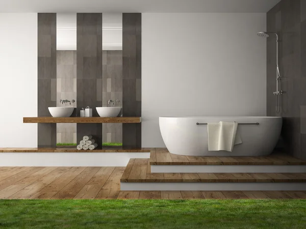 Innenraum des Badezimmers mit Gras 3D-Rendering — Stockfoto