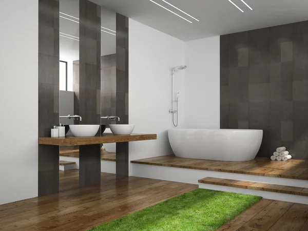 Innenraum des Badezimmers mit Grasboden 3D-Rendering — Stockfoto