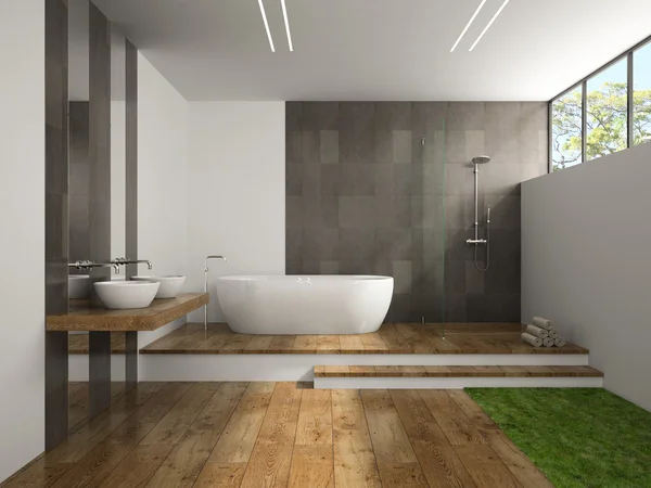 Интерьер ванной комнаты с травяным полом 3D рендеринг — стоковое фото
