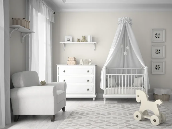 Habitación clásica para niños en representación 3D de color blanco — Foto de Stock