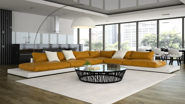 Εσωτερικό μοντέρνο σχεδιασμό σοφίτα με πορτοκαλί καναπέ 3d rendering — Φωτογραφία Αρχείου