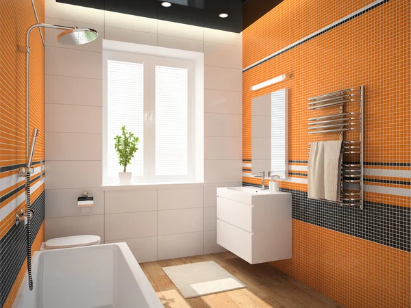 Interior del cuarto de baño con pared naranja 3D renderizado —  Fotos de Stock