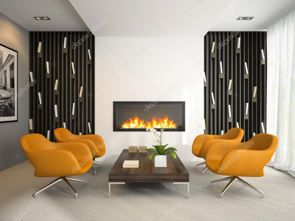Interior of modern room with orange armchairs 3D rendering 2
