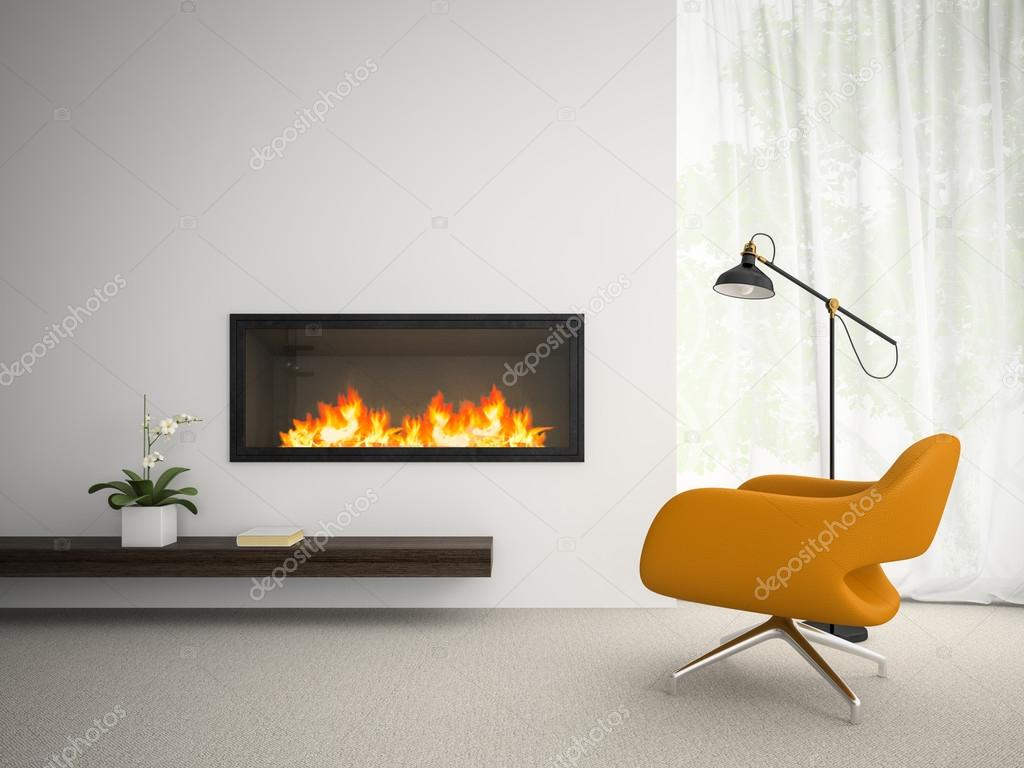 Interior of modern room with fireplace 3D rendering 5