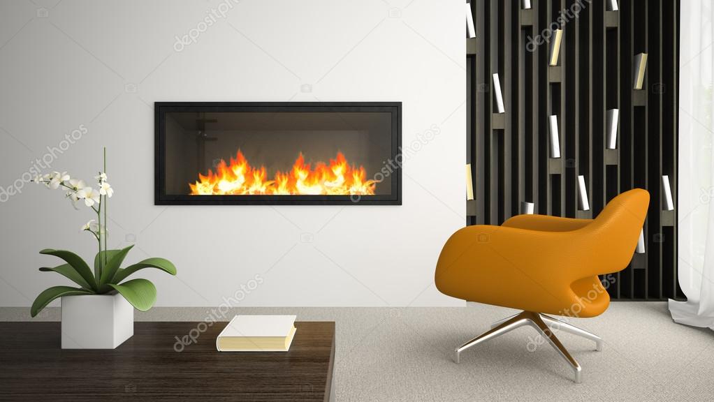Interior of modern room with fireplace 3D rendering 4