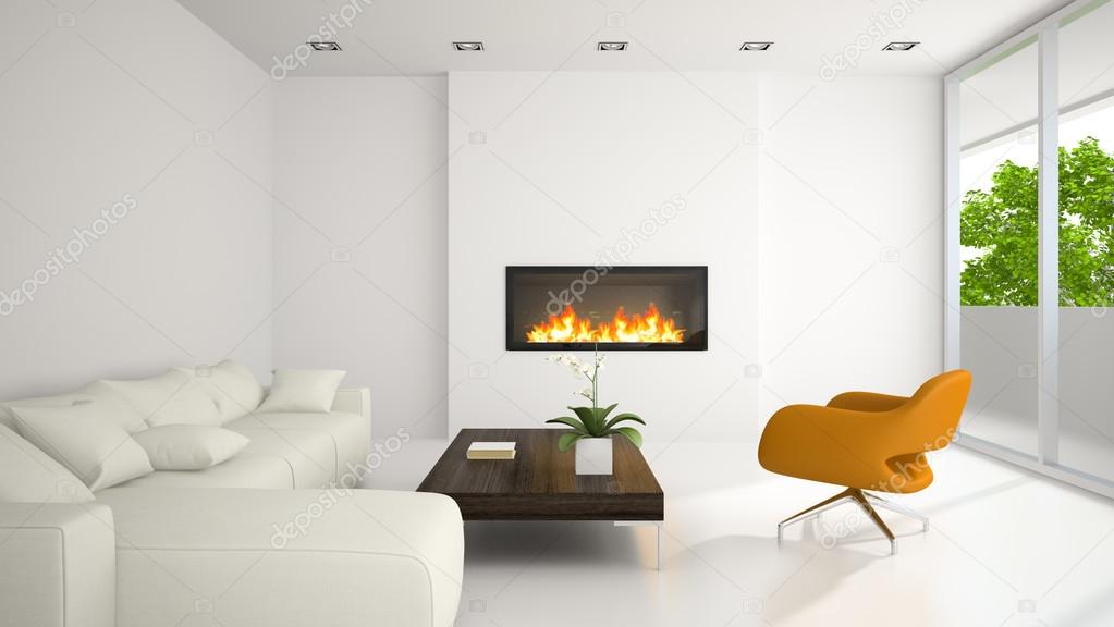 Interior of modern room with fireplace 3D rendering 3