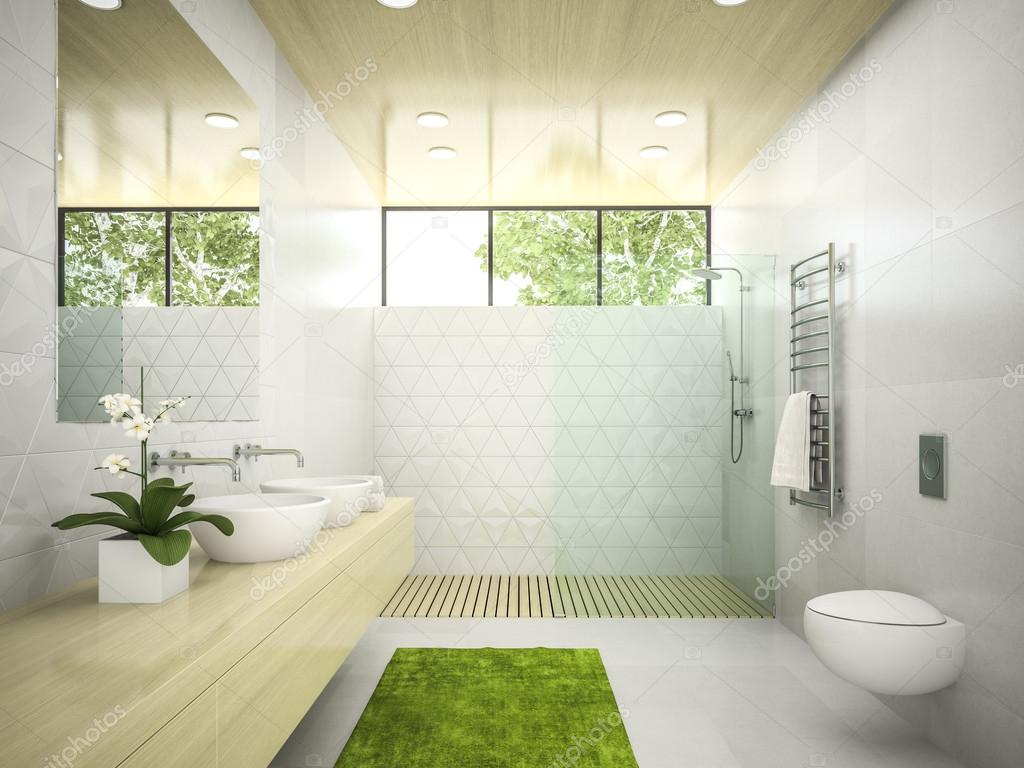Interior of  bathroom with wooden ceiling 3D rendering 5