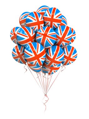 Beyaz arka plan üzerinde izole büyük Britan bayrak balonlar demet