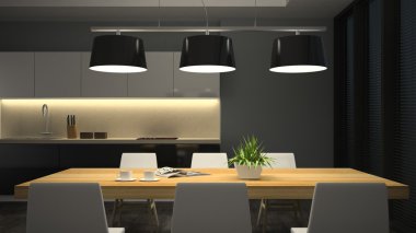 Gece görünümü modern iç yemek odası 3d render