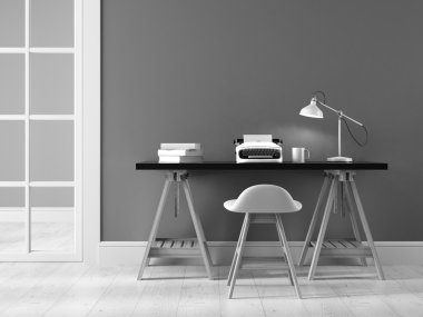 Bblack and white interior with typewriter 3D rendering clipart