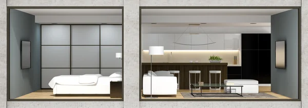 Interior de la moderna vista loft desde el exterior 3D renderizado —  Fotos de Stock