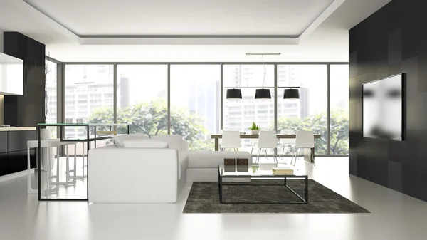 Interior do loft de design moderno com piso branco renderização 3D — Fotografia de Stock
