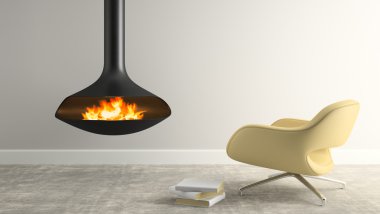 İç modern şömine ve koltuk 3d render ile bir parçası
