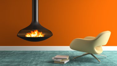 Şömine ve modern koltuk 3d render ile iç parçası