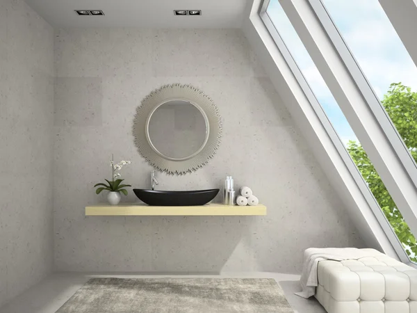 Interior de mansard badroom con espejo redondo 3D renderizado —  Fotos de Stock