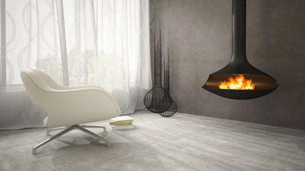 Parte del interior con chimenea y sillón blanco representación 3D —  Fotos de Stock