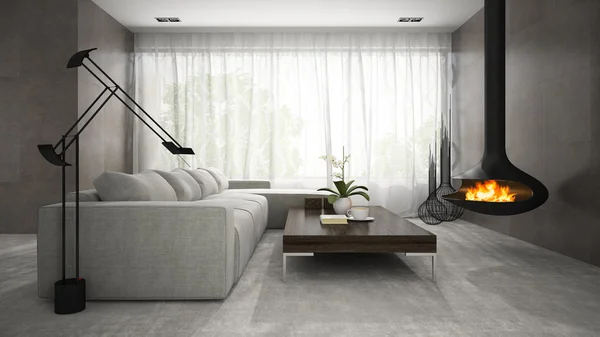 Interno della moderna sala di design con camino rendering 3D — Foto Stock