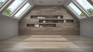 Boş mansard Oda raflar 3d render ile