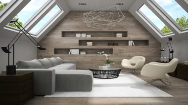 Şık mansard Oda 3d render iç