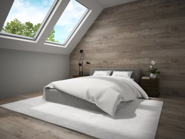 Mansard badroom ahşap duvar 3d render ile iç