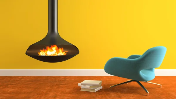 暖炉と青い肘掛け椅子 3 d レンダリングとインテリアの一部 — ストック写真