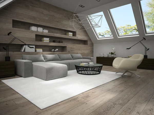 3d render şık mansard odanın iç 4