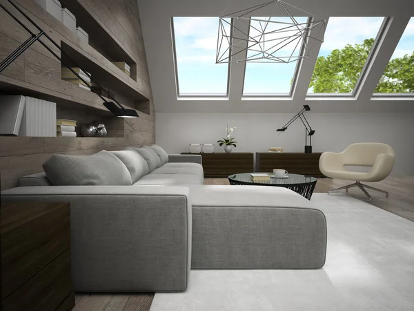 Interior de la elegante sala de mansarda 3D renderizado 3 —  Fotos de Stock