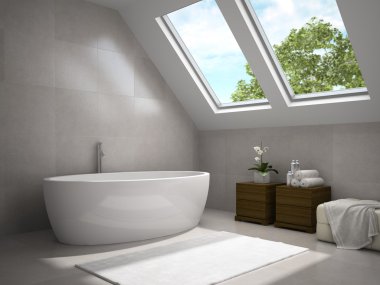 İç ahşap dolapları 3d render ile modern banyo 3