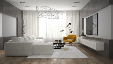 Gri kanepe 3d render ile şık modern oda içi