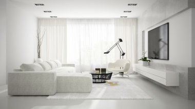 Beyaz kanepe 3d render ile şık modern oda içi