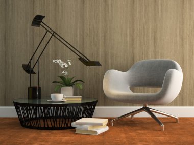 Gri armchai ve ahşap duvar 3d render ile iç parçası