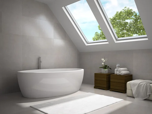 Интерьер современной ванной комнаты с деревянными шкафами — стоковое фото