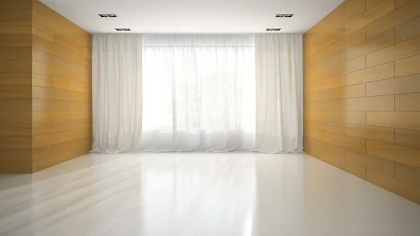 Пустой зал с деревянной стеной 3D рендеринг — стоковое фото